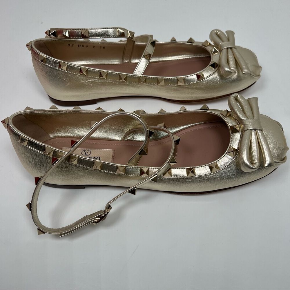 NEW! Valentino Garavani Metallic Gold Rockstud Bow Flats - Picture 2 of 10